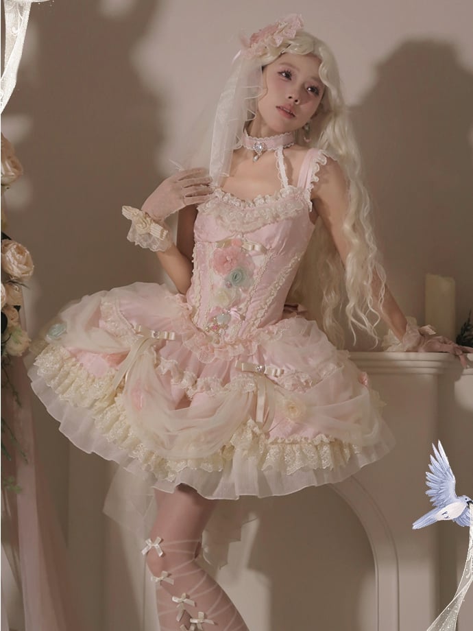 Robe princesse Lolita Hanayome à taille corset et baleines, motif floral rose