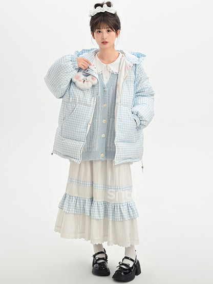 White High Waist Lace Trim Sweet Skirt Plaid Patchwork