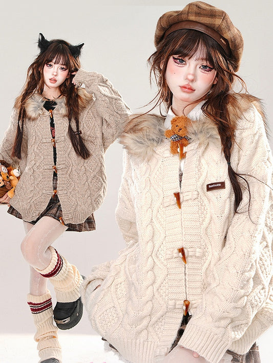 Apricot/Coffee Plush Trim Hood Loose Cardigan