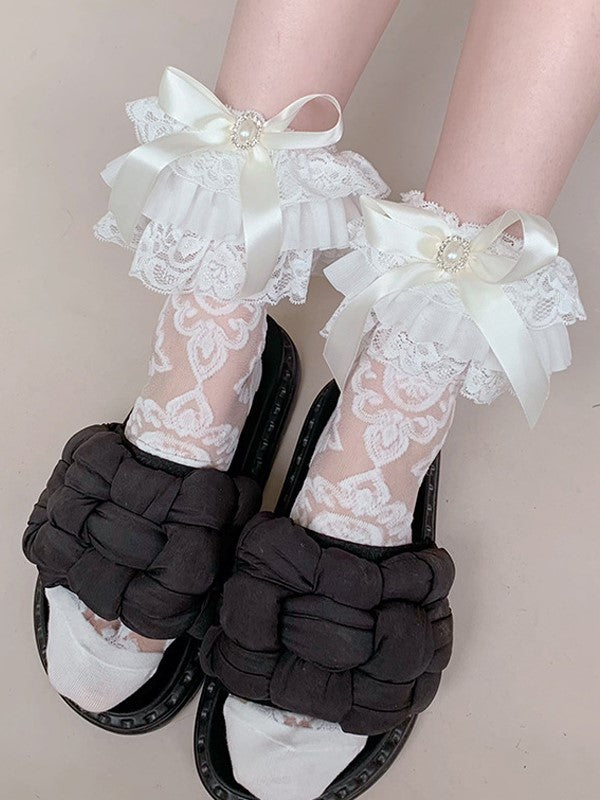 Details Socks White/Black Semi-sheer Calf Bowknot Ruffled Cuff