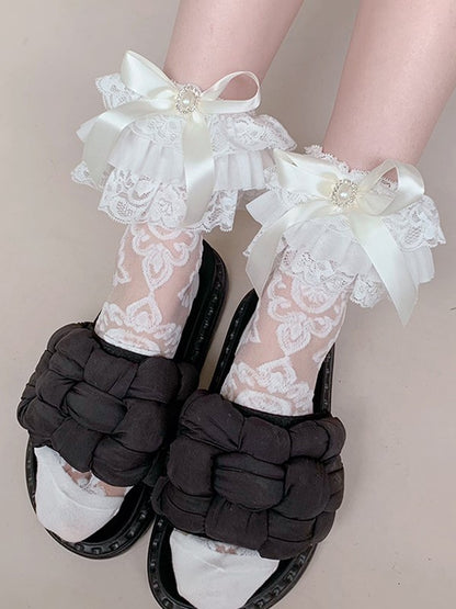 Details Socks White/Black Semi-sheer Calf Bowknot Ruffled Cuff