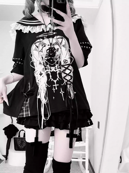 Black Sailor Collar Lace-up Details Anime Girl Print Bittersweet T-shirt