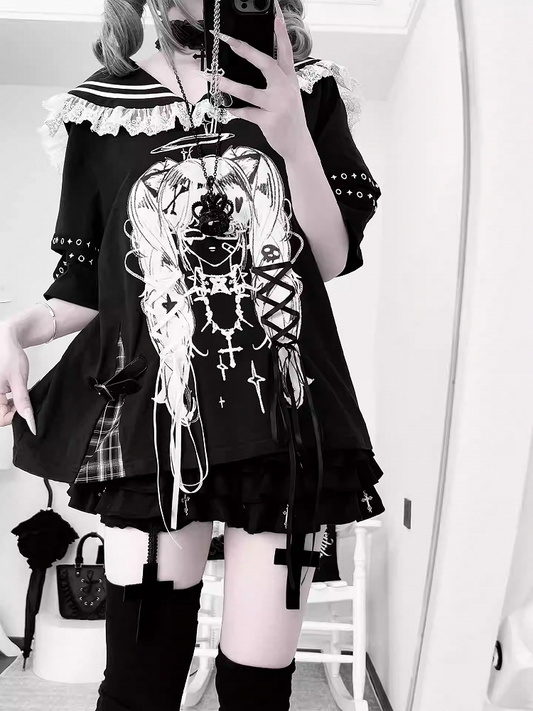 Black Sailor Collar Lace-up Details Anime Girl Print Bittersweet T-shirt