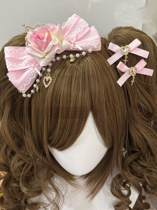 Rhinestone Design Heart Hairclips Pink Cross Beaded Floral Bowknot Charm + Decorated Hairclip