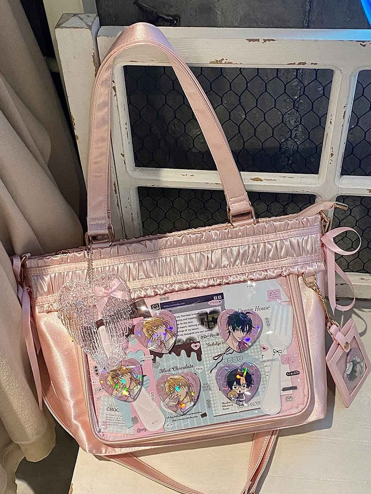 Ita Bag Ruffled Pink Ribbon Bow Large Trim Capacity Tote