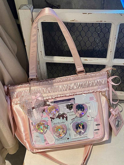 Ita Bag Ruffled Pink Ribbon Bow Large Trim Capacity Tote