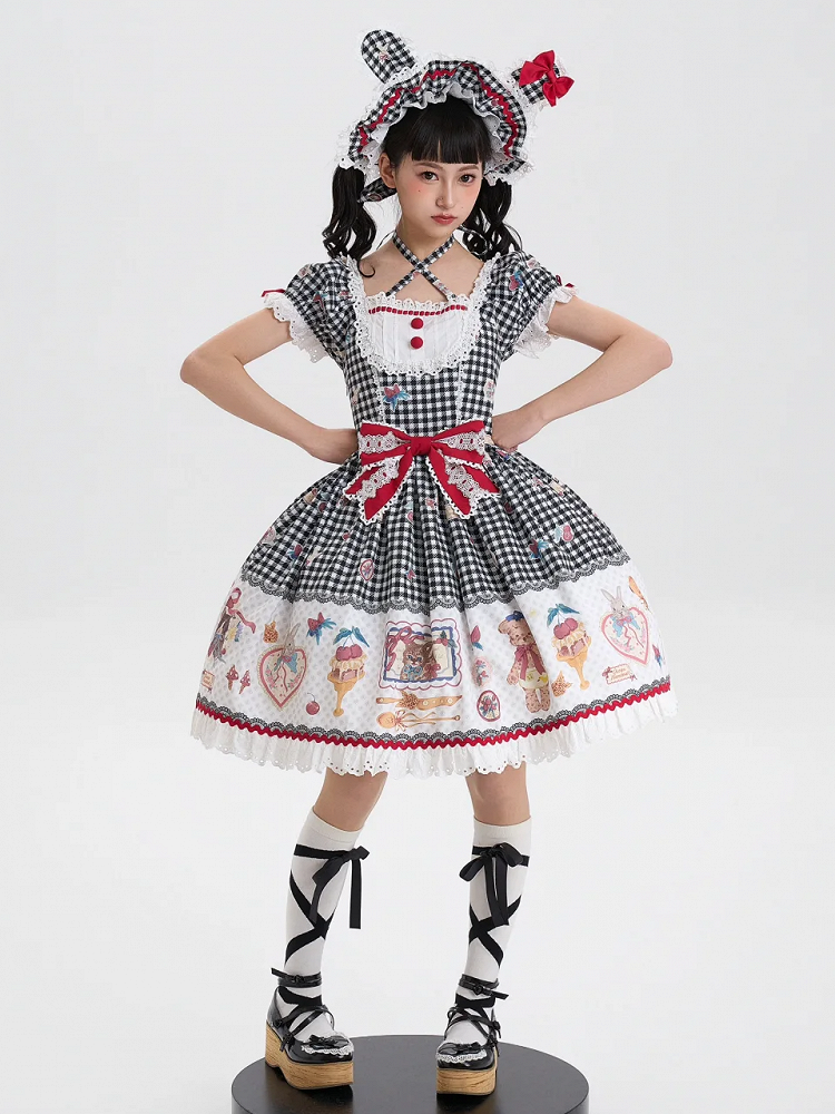 Pattern Bonnet Gingham Black Green Pink Red Ears / Bunny