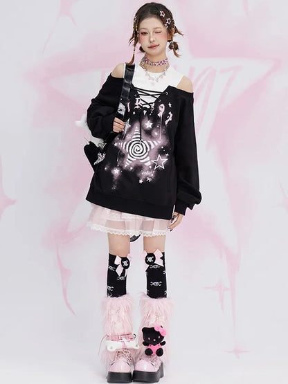 Black Star Fake Two-piece Cutout Shoulder Sweatshirt