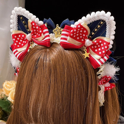 Charm KC Cat Details Ears Bowknot Star RedBlue Trim Lace
