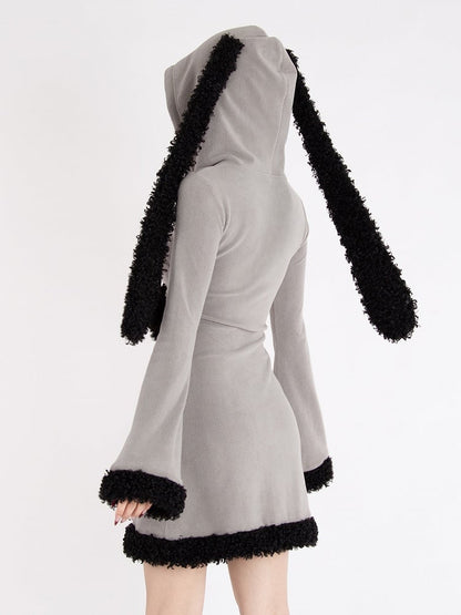Y2k Gray Bunny Ear Hood Bell Sleeves Plush Trim Dress with Star Straps