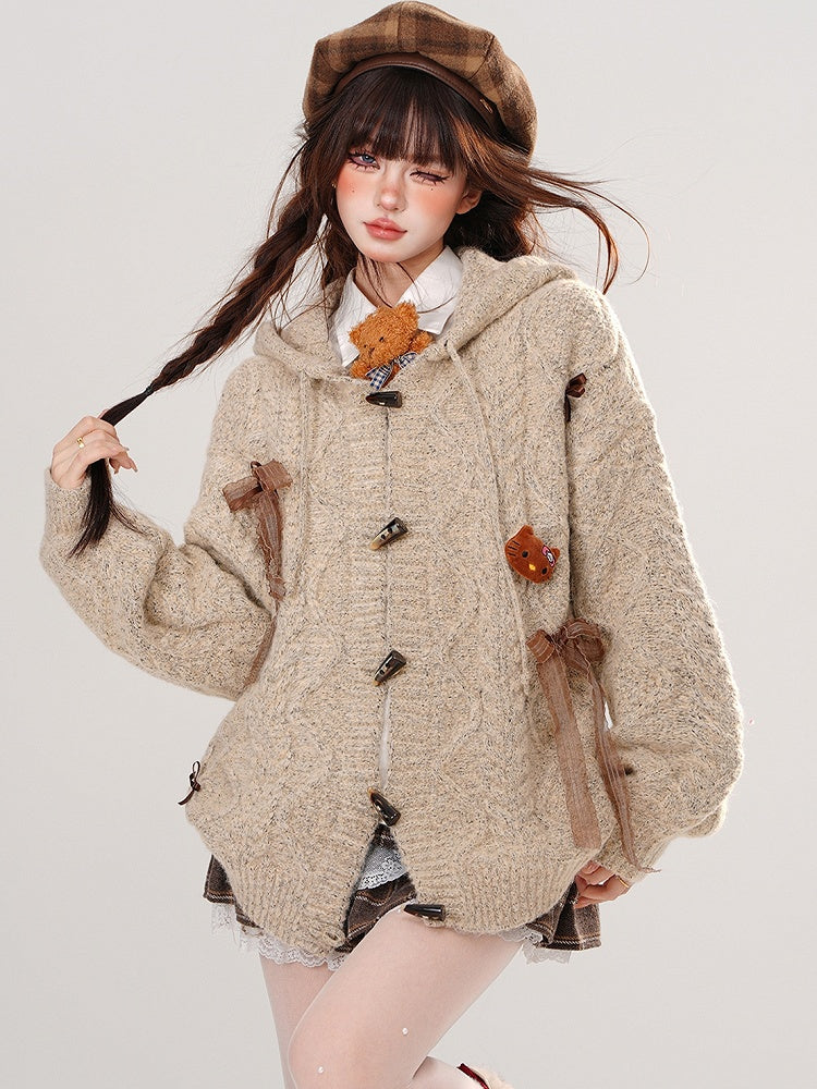 Khaki Bow Accents Hooded Loose Cardigan