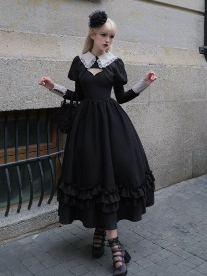 White Lace Trim Collar Black Cropped Top