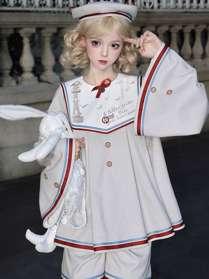 Ensemble complet Lolita Sailor Ouji beige : haut col marin beige, short Ouji beige et béret beige