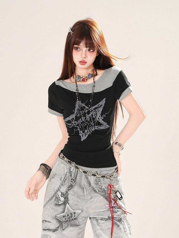 Black  Gray Star Print Faux Two-pieces T-Shirt