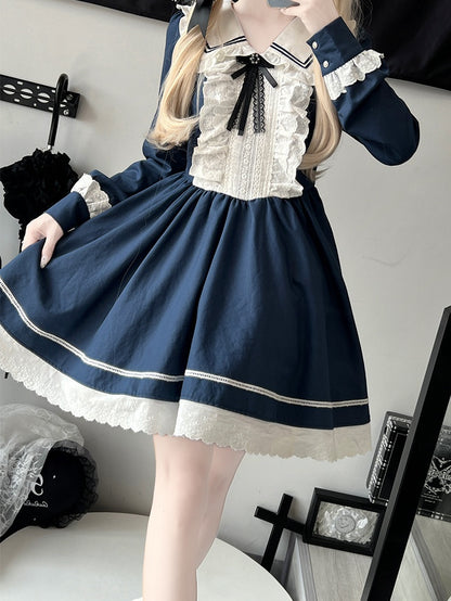 Dark Blue Long Sleeves Ruffled Trim Above Knee Dress