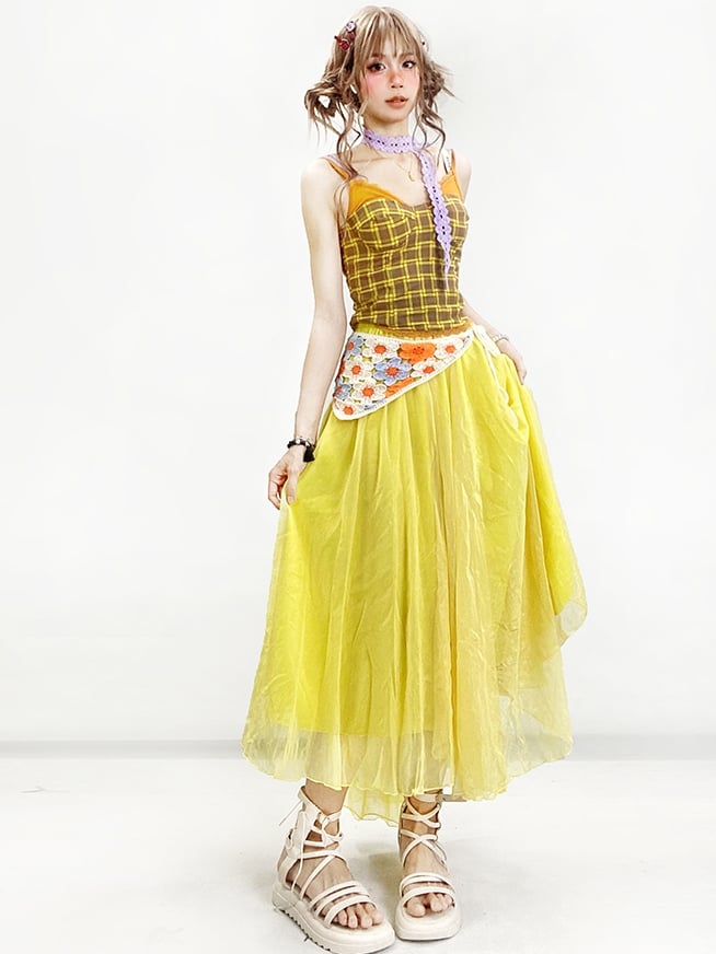 Cami Top Purple Set Scarf Summer Overlay + Plaid Yellow Skirt