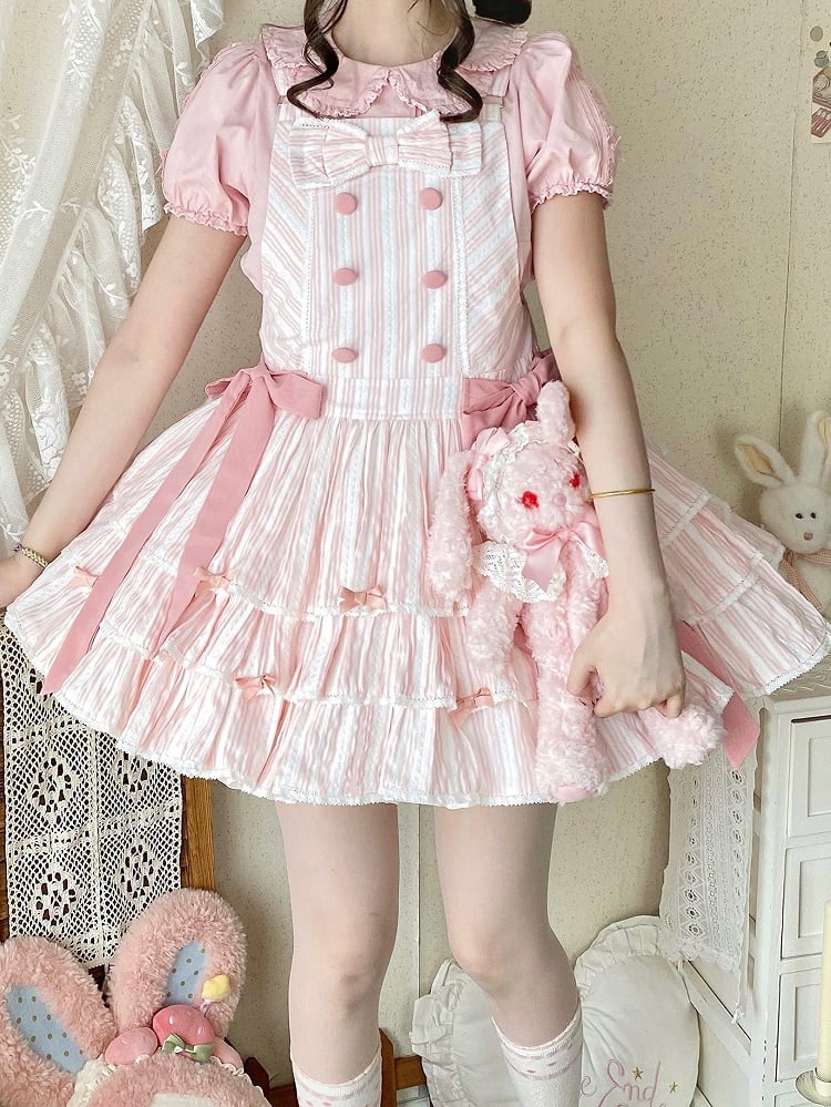 Layered Overall Lolita with Sweet Pink Ruffle Striped Dress Bow Accents