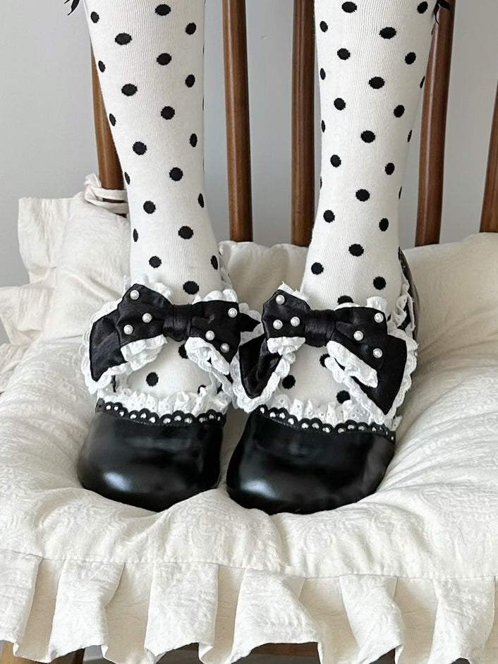 Bow Sweet Beaded Accent Scalloped-Edge with Mary Black Strap Buckle Decorated Leather - Janes Lolita PU