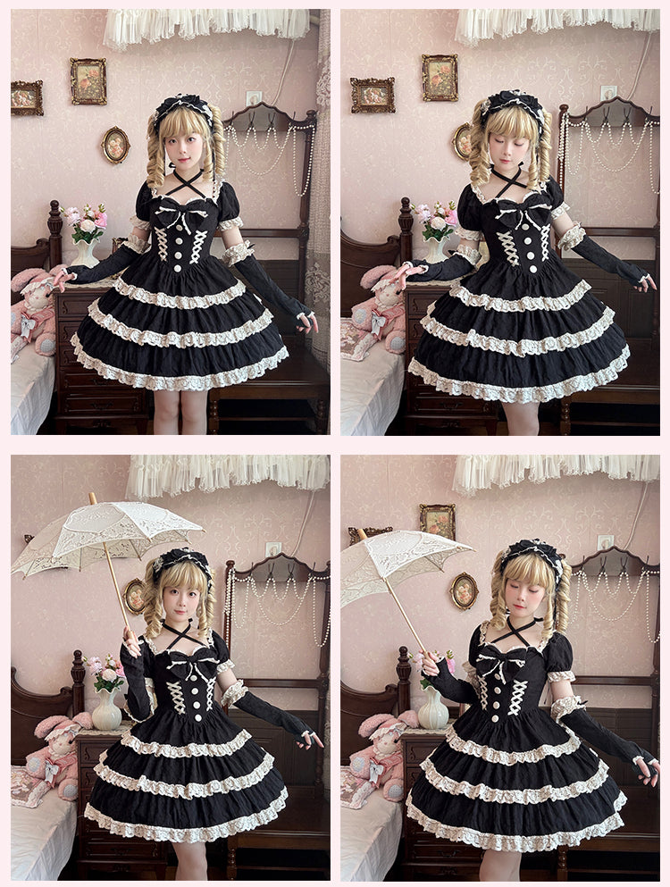 and Lolita Waist One Lace Piece Basque School Dress Beige Old Black Trim