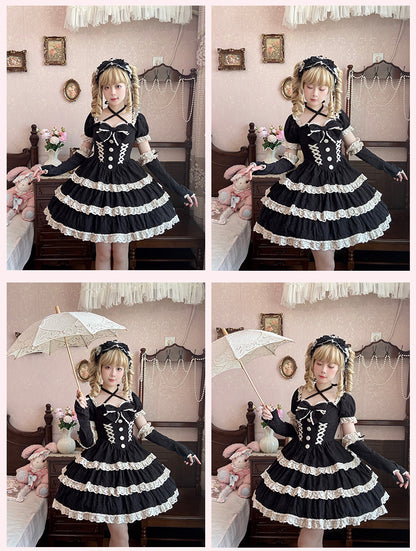 and Lolita Waist One Lace Piece Basque School Dress Beige Old Black Trim