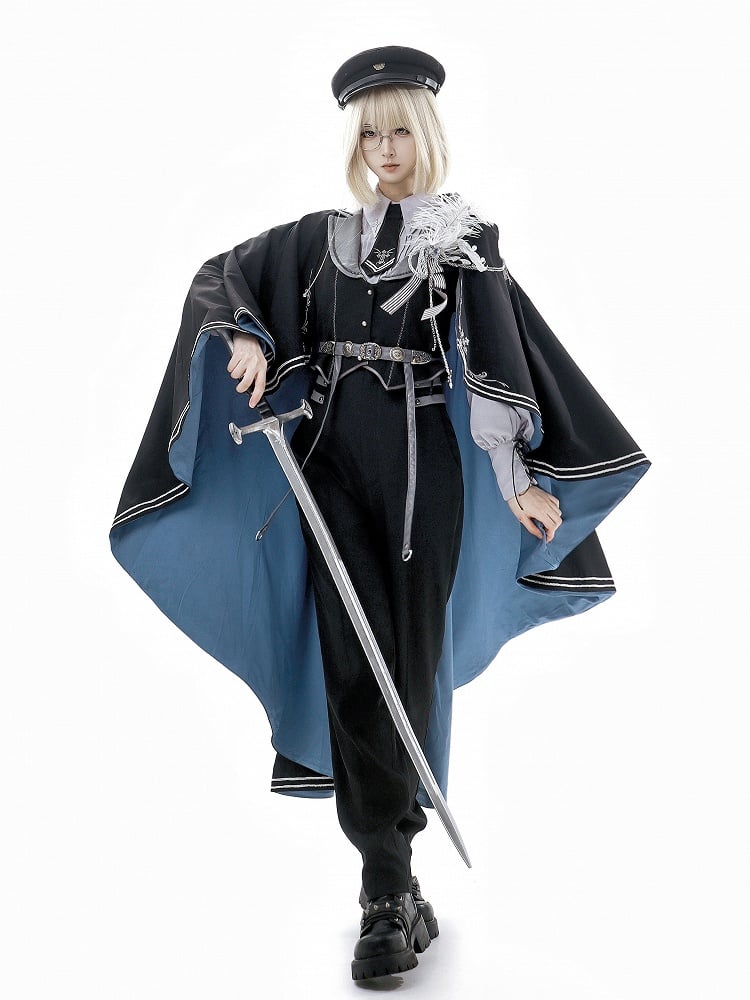 Military Waistcoat Black Pants Sleeves Shirt Gray + Lolita Prince Outfit-Long Fashion Ouji Waist High And