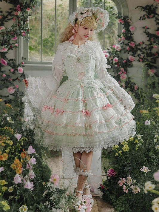 Detachable Sweet Bows Green Skirt Mint JSK Hime Layered Dress Hanayome with Lolita