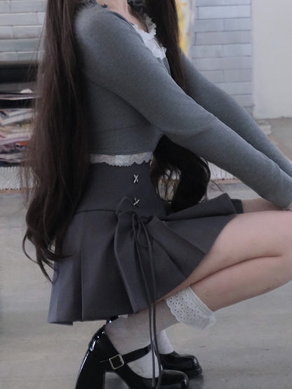 Grey Lace Trim Lined Pleated Mini Skirt
