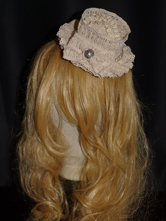Mini Hat Design Bowknot Beaded Decorated Beige