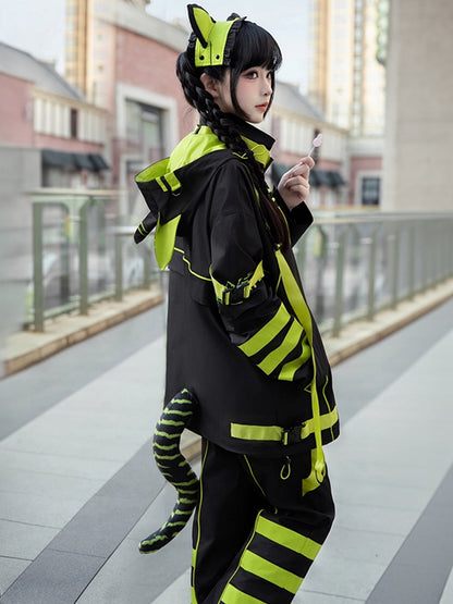 Black and Chartreuse Futuristic Cyber Fashion Techwear Outfit - Windbreaker Baggy Jacket + Shorts/Pants + Leg Warmers Full Set