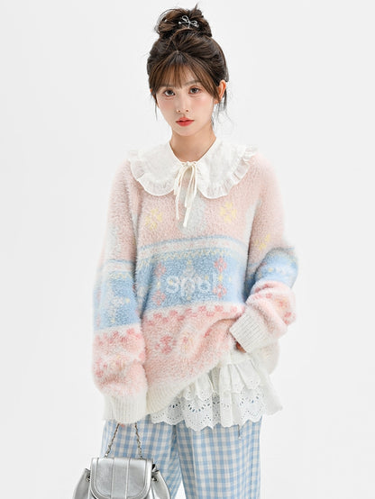 Pink Cute Bunnies Pattern Round Neck Soft Sweater