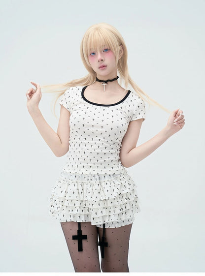 Detail Back Cat Paw Print Cat Ears and T-Shirt White at Allover Black Cross Pastel Gothic