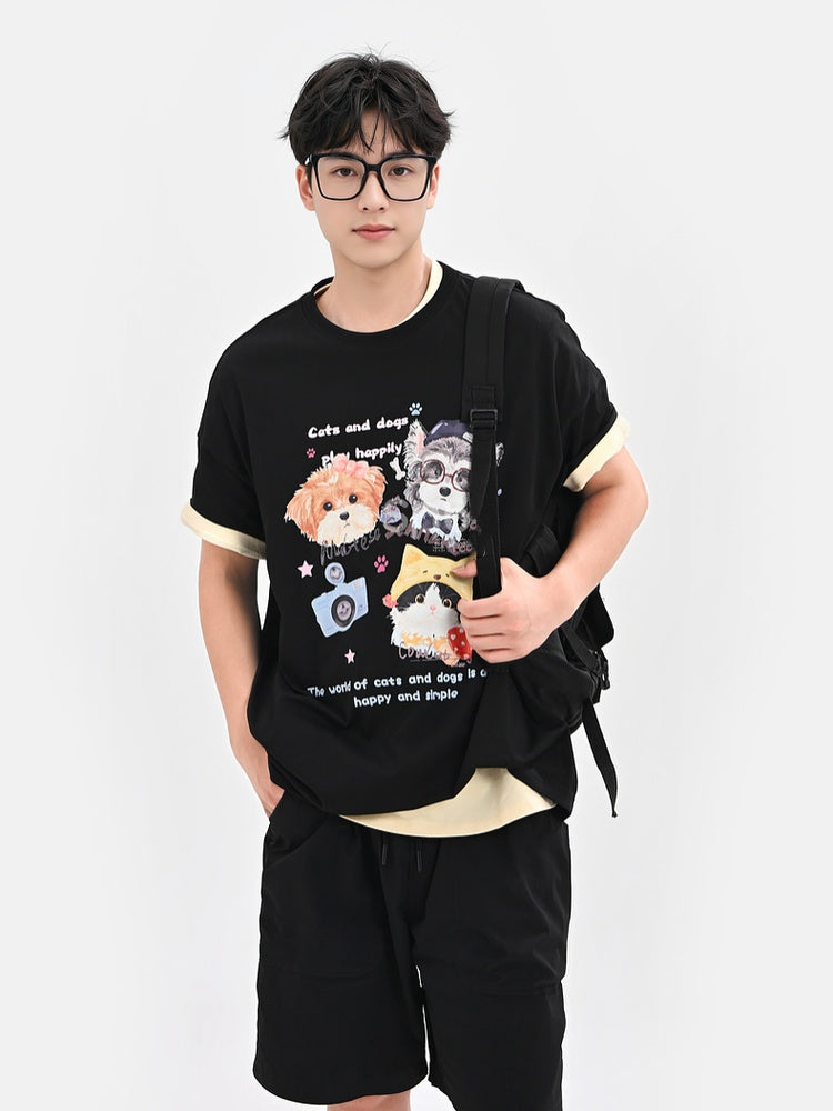 White/Black/Dark Blue Round Neck Puppy and Kitty Print Loose T-Shirt
