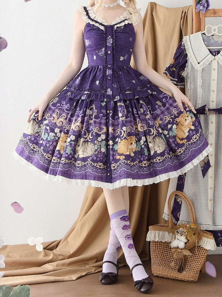 Purple Lolita Scalloped Neckline Eyelet Trim Print Cami Grapes Top