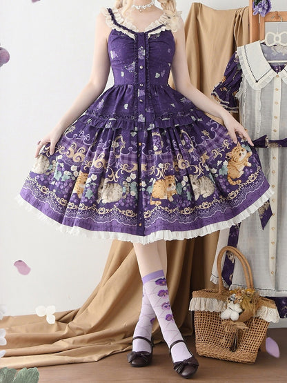 Purple Lolita Scalloped Neckline Eyelet Trim Print Cami Grapes Top