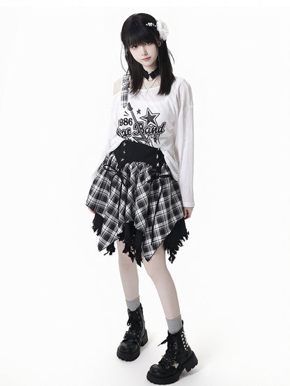Plaid Skirt White /Black Frayed Handkerchief Hem Blue