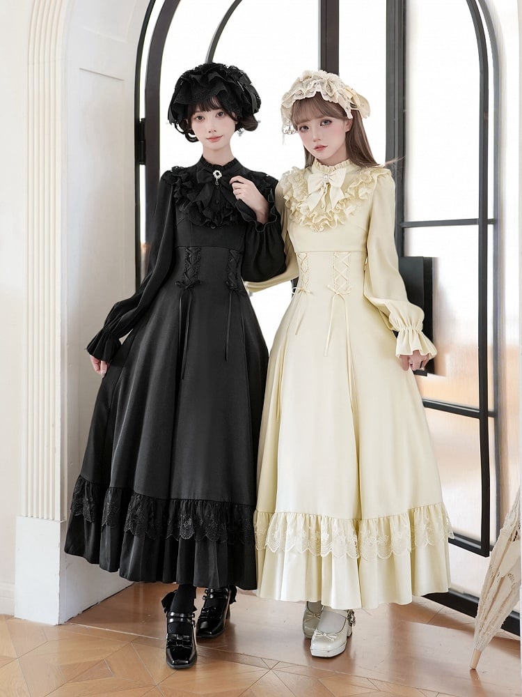 Neckline Lace-up Ruffle with Lolita Dress Shawl Detachable Waist Black Elegant