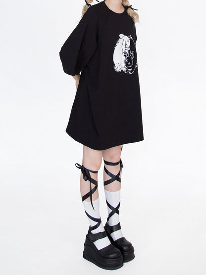Black Bunny Embroidery Oversized T-Shirt