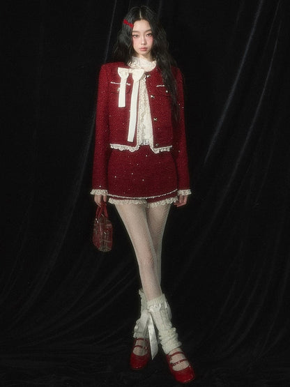 Christmas Red Tweed Cropped Jacket  Lace Trim Bowknot and Bead Details