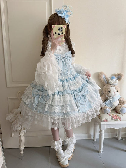 Lolita Skirt Dress Big Bows Decoration Hanayome Blue Tiered