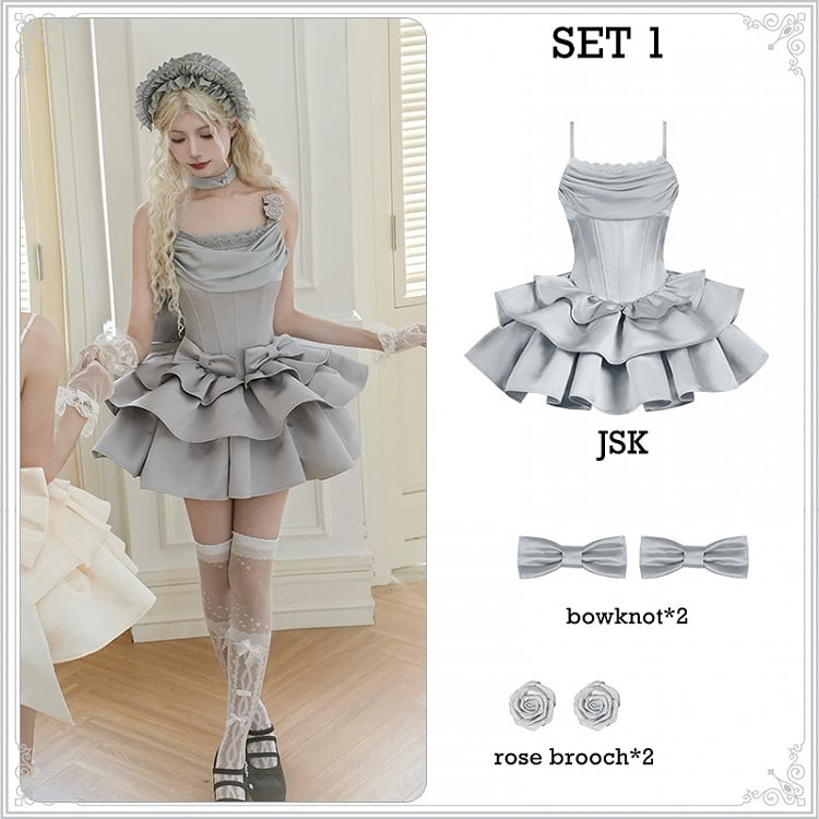 Cowl Spaghetti Dress Elegant Waist Straps Boned Lolita JSK Set Full Neckline Gray
