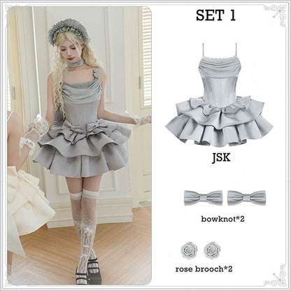 Cowl Spaghetti Dress Elegant Waist Straps Boned Lolita JSK Set Full Neckline Gray