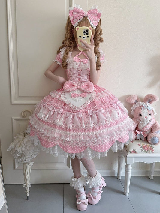 Old Bow Sweet Lolita Dots Dress Pink Polka Accents Pattern School Short Sleeves