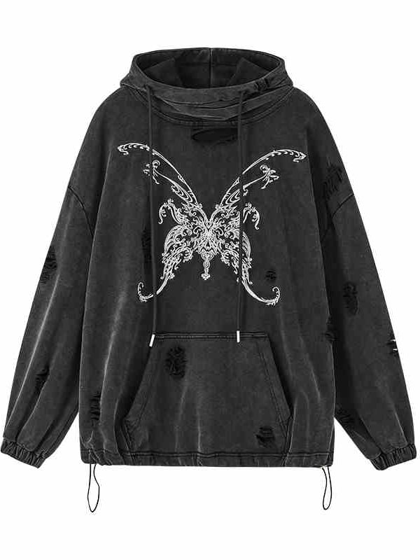 Butterfly Black Distressed Holes Punk Hoodie