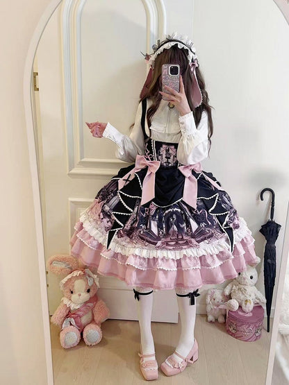 Robe Lolita noire et rose sous la poitrine avec motif lapin et cercueil