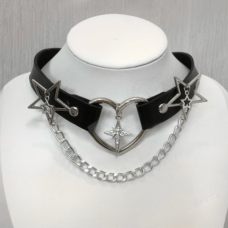 Jirai Kei Black Rhinestone Star PU Choker with Chain