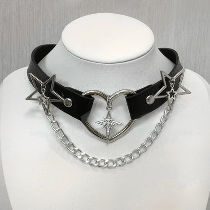 Jirai Kei Black Rhinestone Star PU Choker with Chain