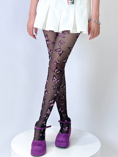 Y2K Butterfly Embroidered Tights Black