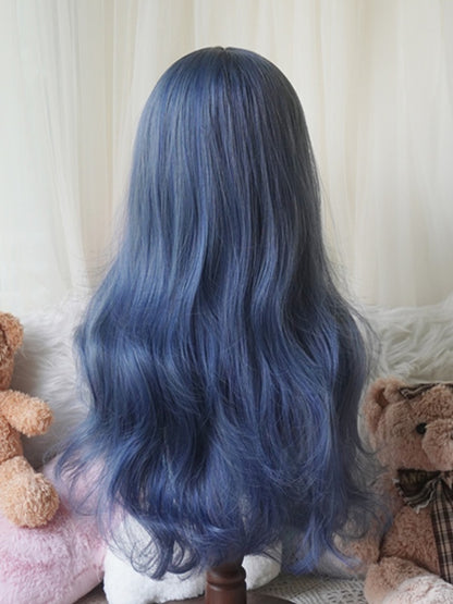 Rose Red/Dusty Blue Under Bust Length Wavy Wig With Bangs