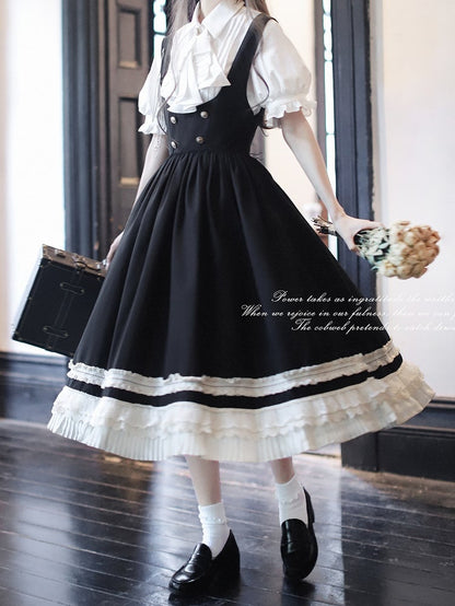 Preppy Style Black High Waist Overall Dress with Beige Lace Trim