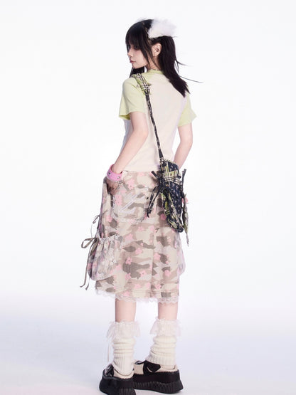 Details Camouflage Drawstring Waist Bowknot Lace Trim Wide-leg